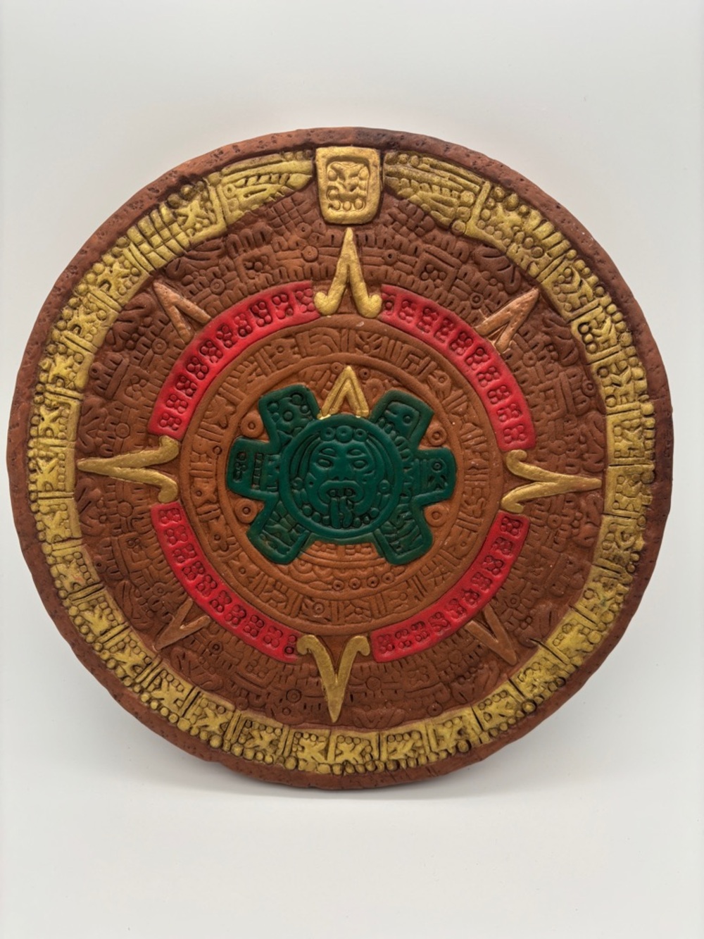 Handmade Aztec Calendar Wall Plate Clay Decor Rustic Boho Tribal Mayan Art Round